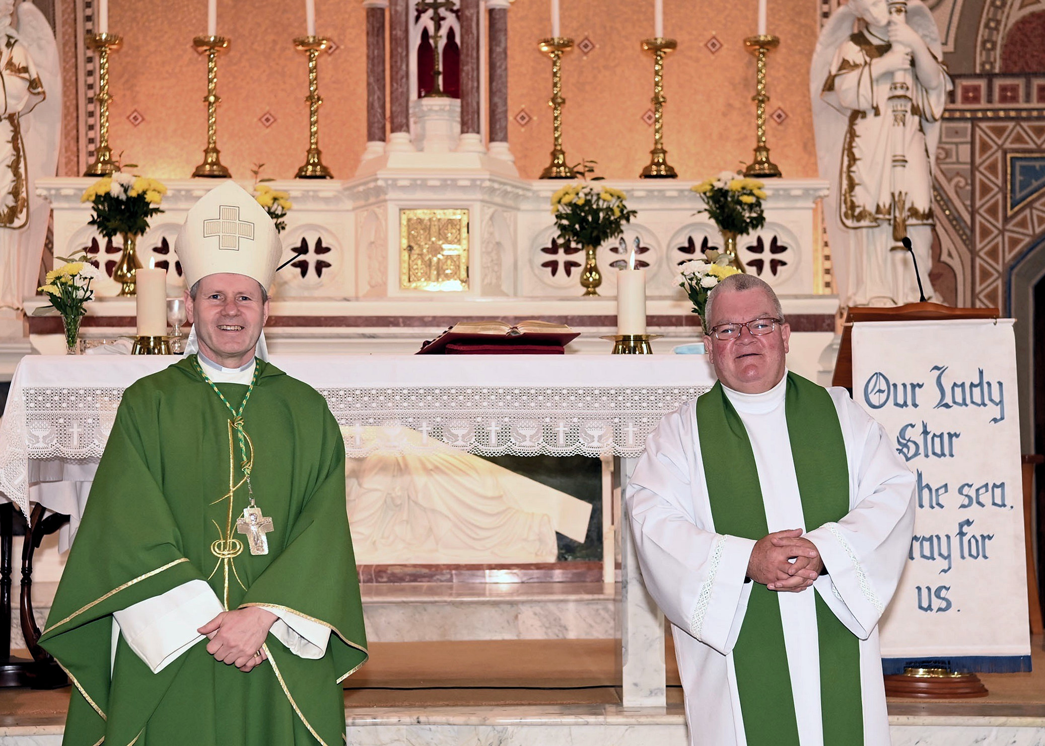 Bishop Fintan Gavin and Father Dave O'Connell at Barryroe